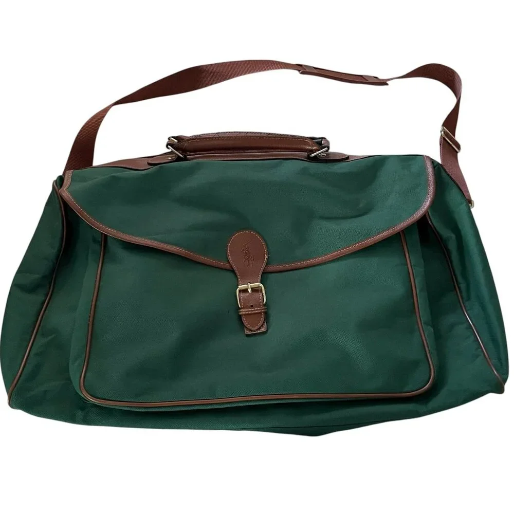 Vintage 90s Ralph Lauren Weekender Messenger Bag Green Faux Leather Trim Strap